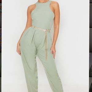 PrettyLittleThing | Sage Green Racer Back Jumpsuit